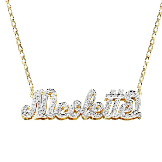 14K Gold Script Double Nameplate with Genuine Diamonds Hanging on a Curb Chain