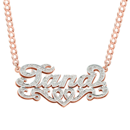 75 Diamonds and 14K Gold Double Name Plate Necklace with Curb Chain  | Script Text