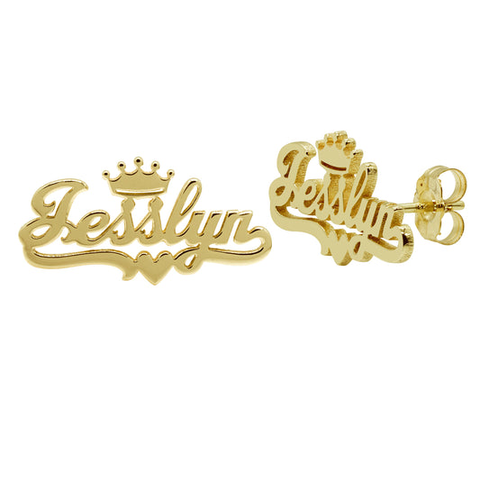 Nameplate Earrings with Fancy Crown in 14K Gold