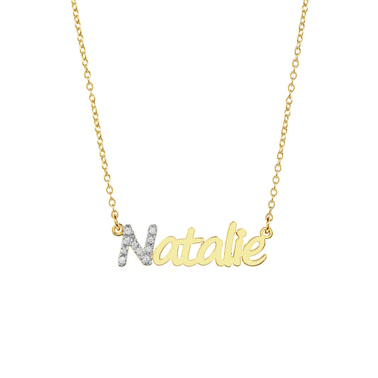 Custom 14K Gold Block Name Necklace with First Initial in Diamonds