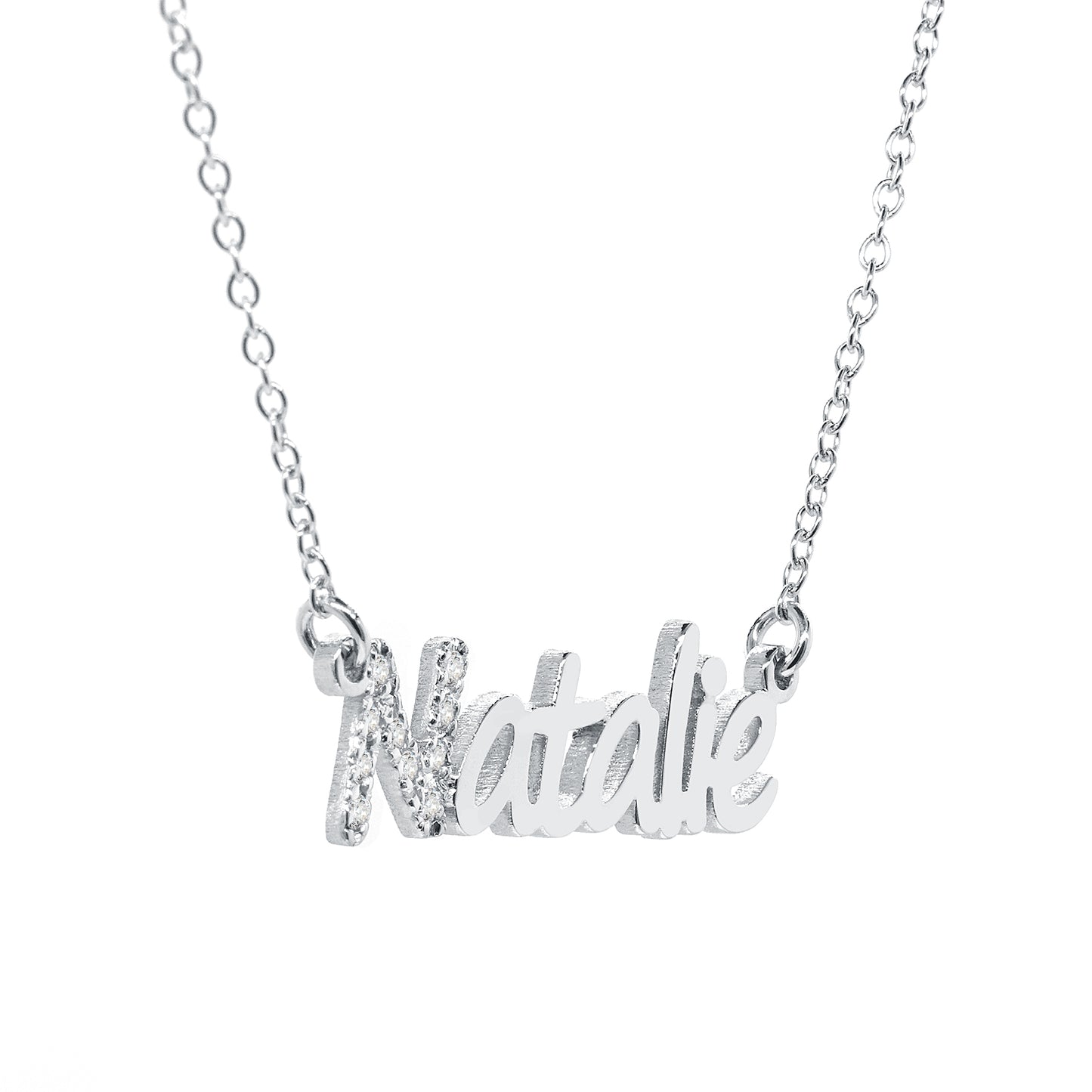 Custom 14K Gold Block Name Necklace with First Initial in Diamonds