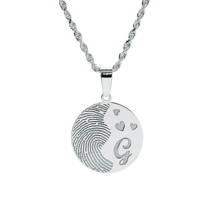 Custom Fingerprint Disc Charm Pendant with Hearts and Initial in 14K Gold