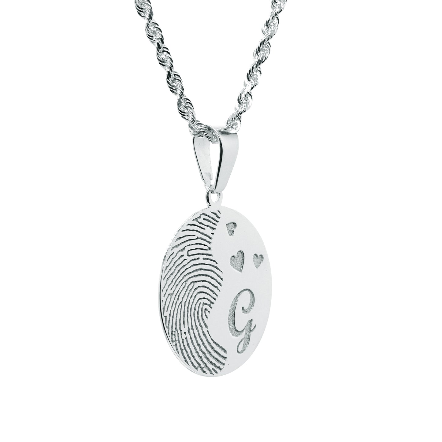 Custom Fingerprint Disc Charm Pendant with Hearts and Initial in 14K Gold