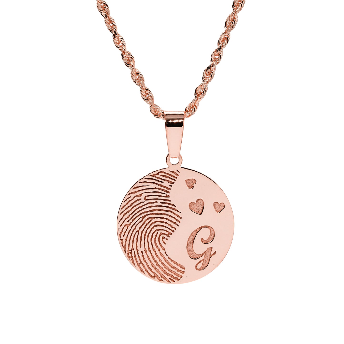 Custom Fingerprint Disc Charm Pendant with Hearts and Initial in 14K Gold