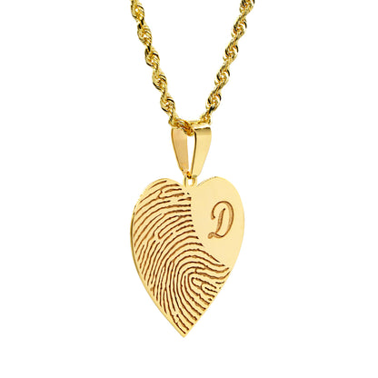 Custom Fingerprint Heart Charm Pendant with Initial Option in 14K Gold