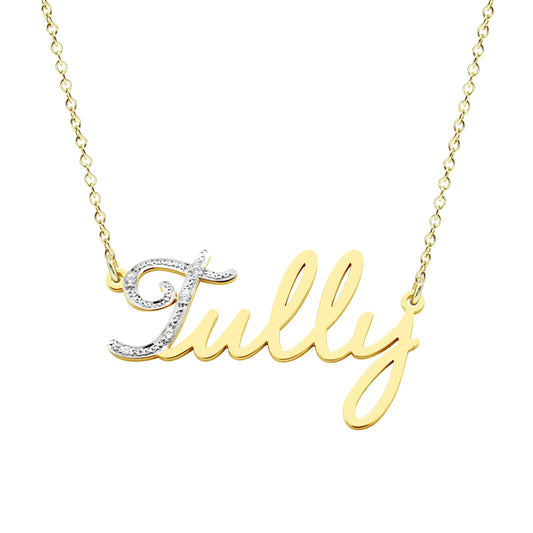Personalized 14K Gold Freestyle Script Pendant with Diamonds on First Letter