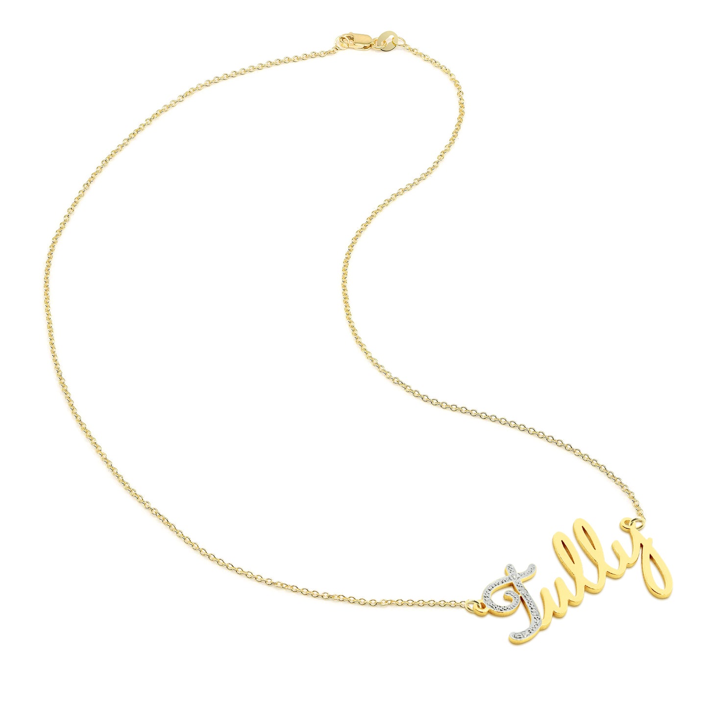 Personalized 14K Gold Freestyle Script Pendant with Diamonds on First Letter