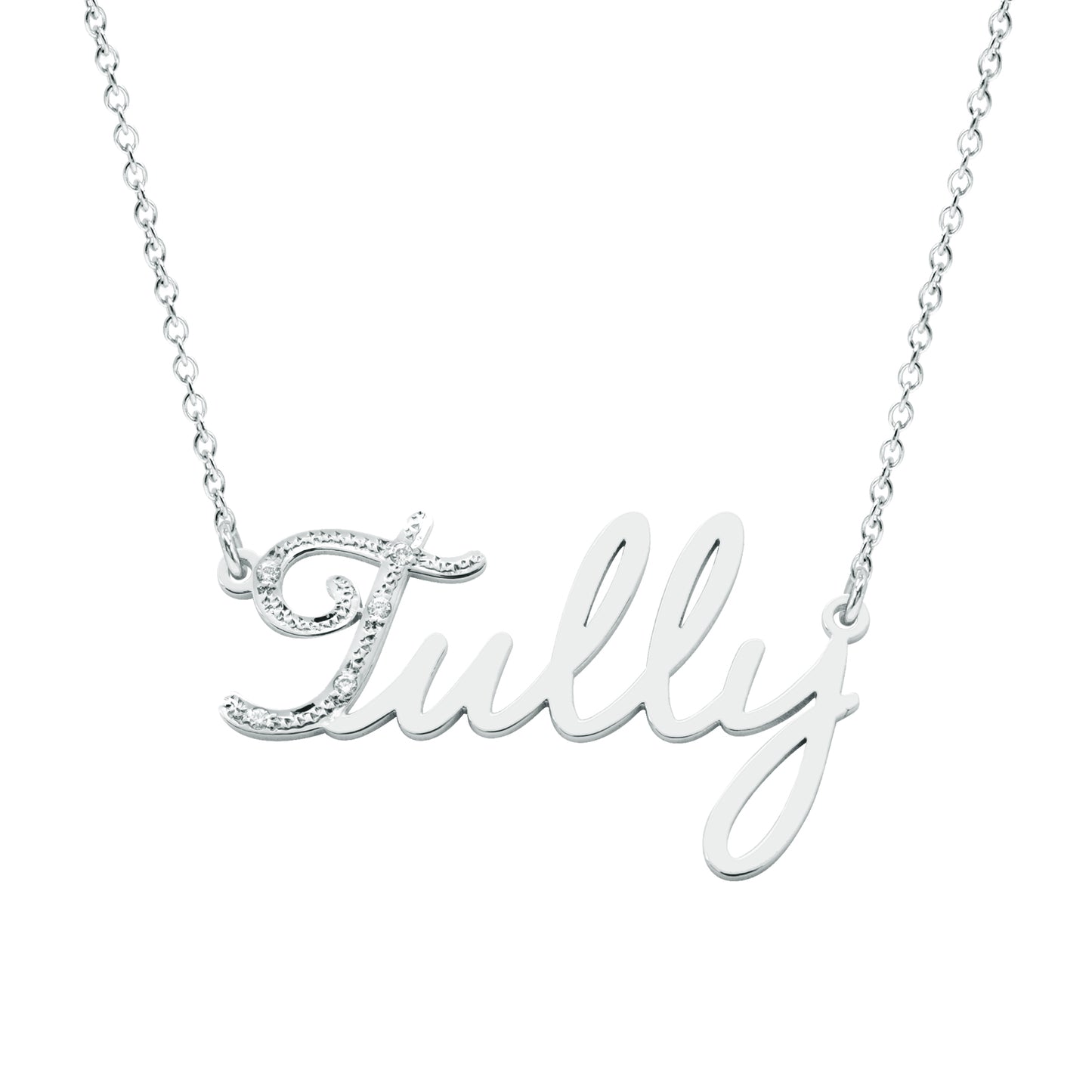 Personalized 14K Gold Freestyle Script Pendant with Diamonds on First Letter