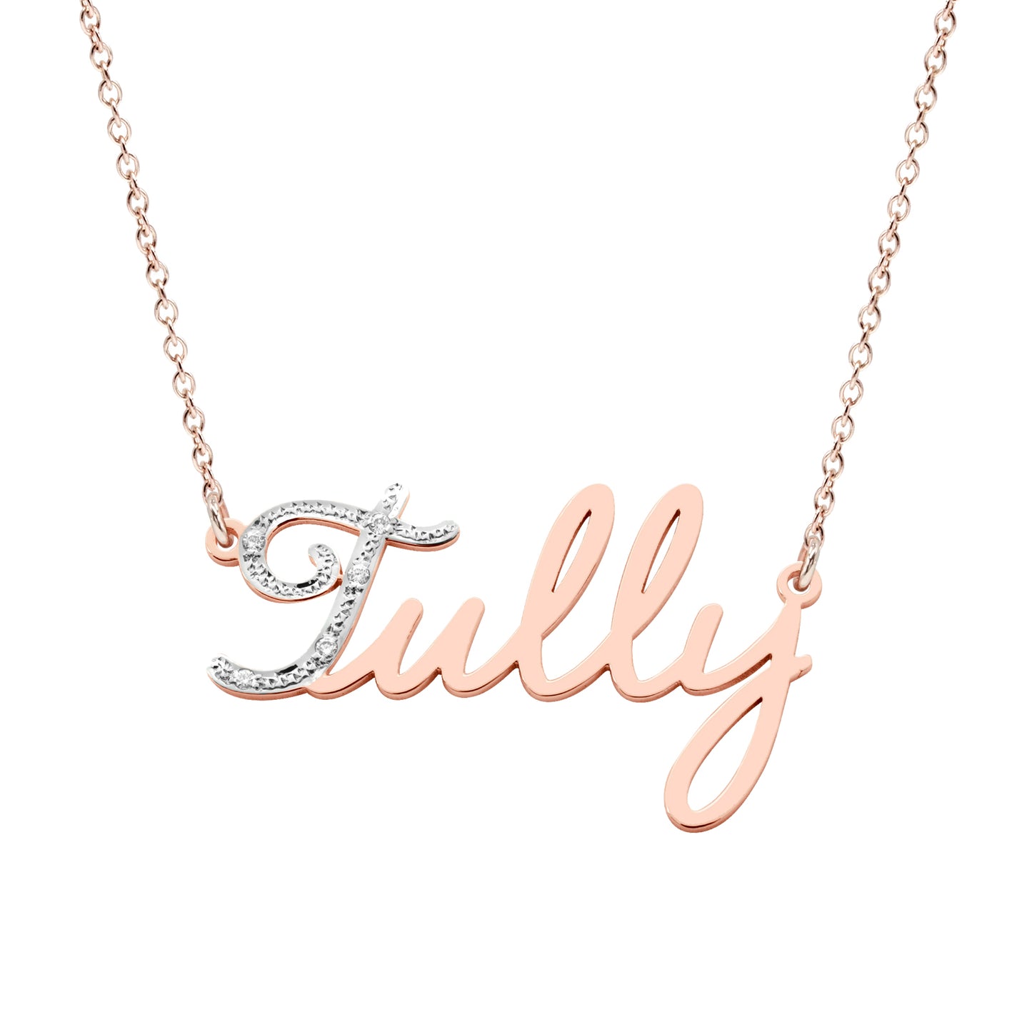 Personalized 14K Gold Freestyle Script Pendant with Diamonds on First Letter