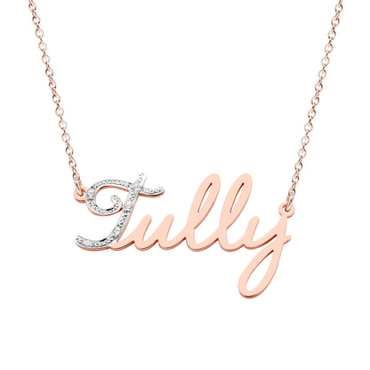 Personalized 14K Gold Freestyle Script Pendant with Diamonds on First Letter