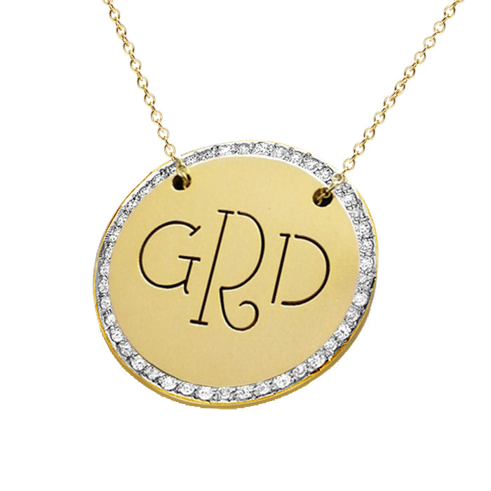 Personalized 14k Gold and Diamond Monogram Disc Necklace - Perfect Gift for Any Occasion