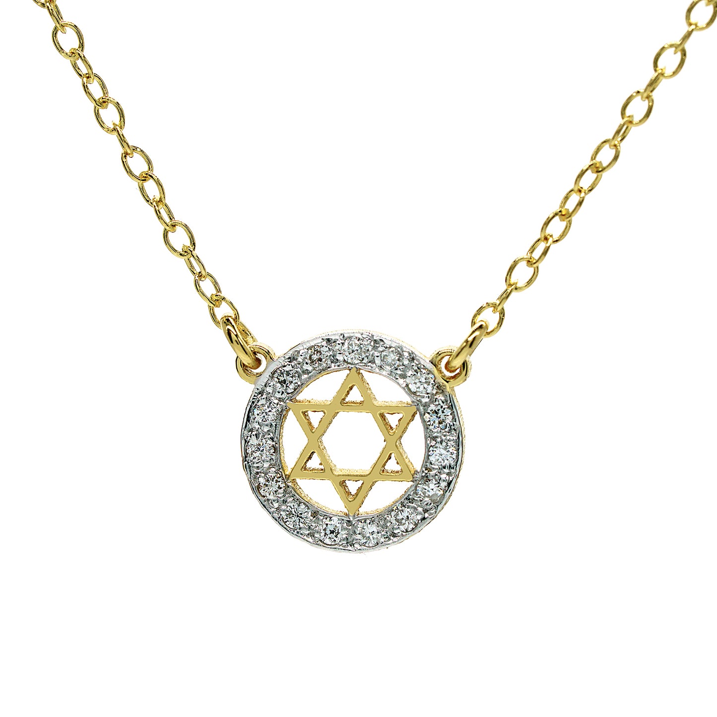 Star of David in 14K Gold with 15 Diamond Halo Necklace