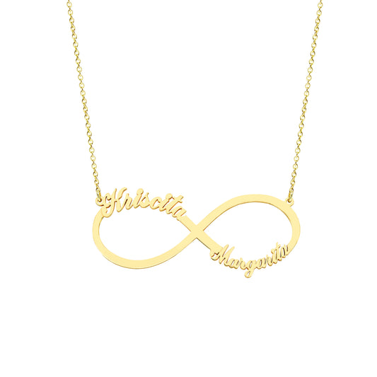 Personalized Two-Name Infinity Necklace in Solid 14k Gold | Available in 3 Sizes and 3 Gold Colors!