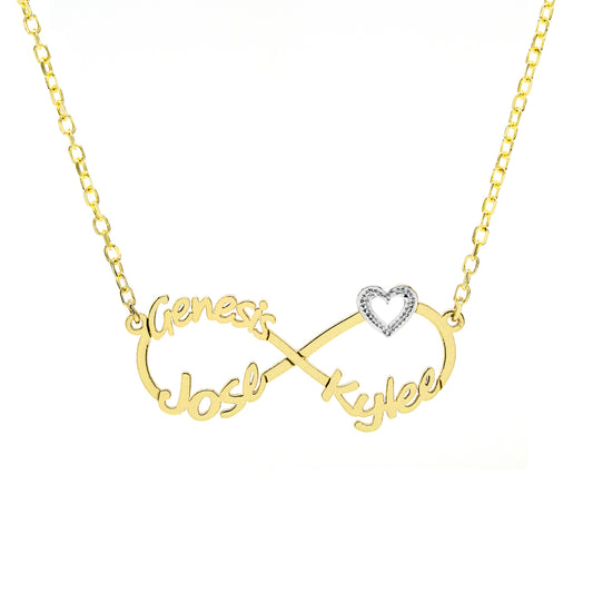 14K Gold Open Heart and Infinity Charm Necklace with 3 Custom Names