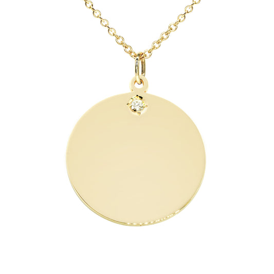 High Polish 14K Gold Engravable Disk with Accent Diamond