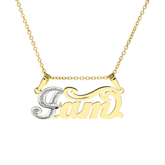 Double Bail Nameplate in 14K Gold with Rhodium Sparkle