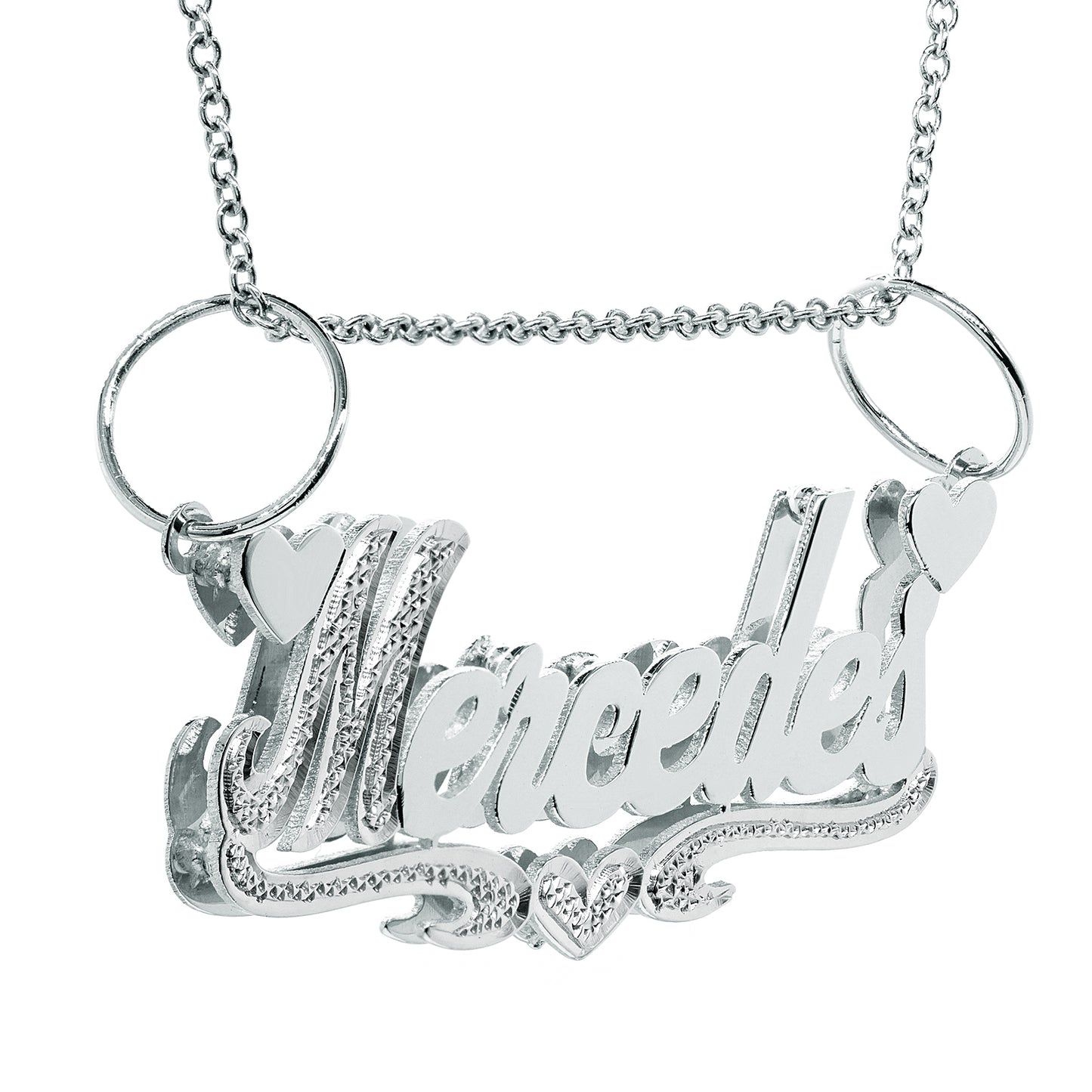 Double Layer Nameplate Pendant with Rhodium Sparkle. Double Bails for Attaching Chain