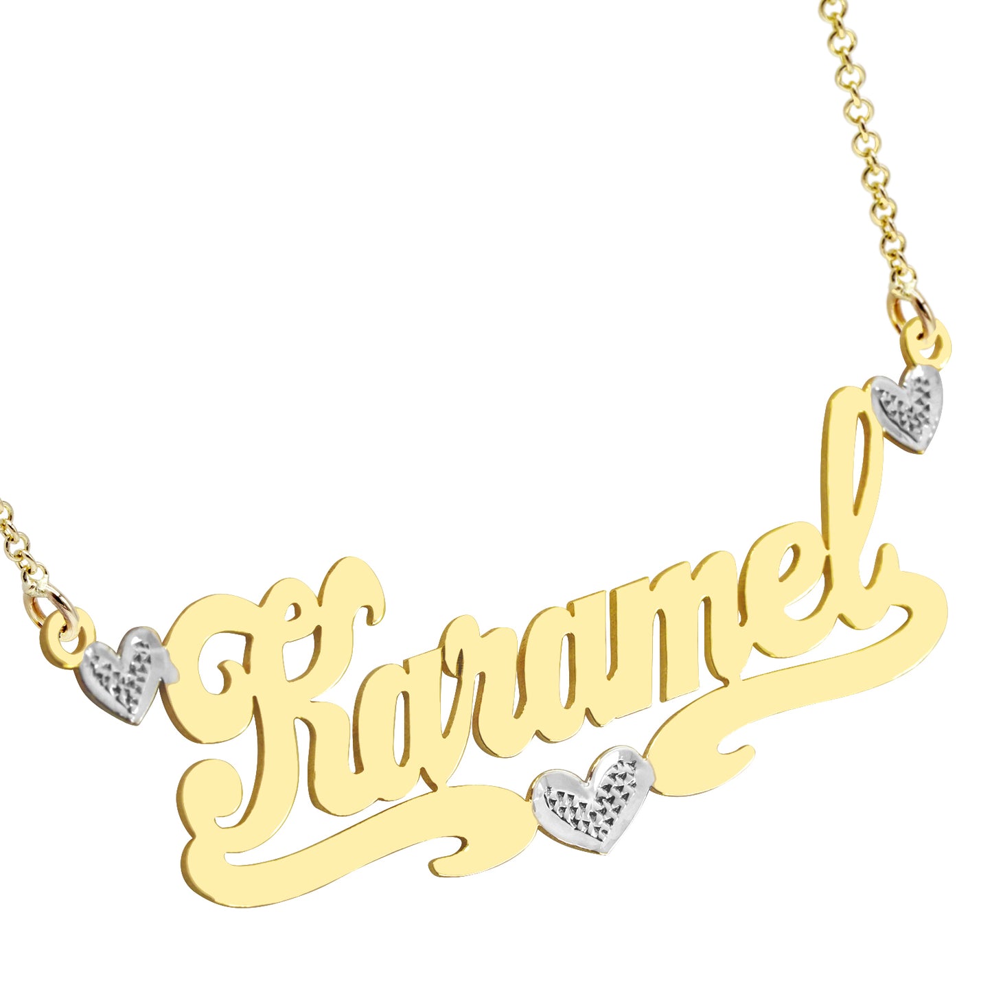 Custom14kt. Gold and Diamond Nameplate Necklace with Heart Flourish with Cable Chain