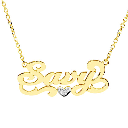 Personalized 14K Solid Gold Name Plate with Accent Diamond on Heart