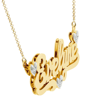 14K Gold and Diamonds Triple Heart Nameplate with Shadowbox Pendant Necklace