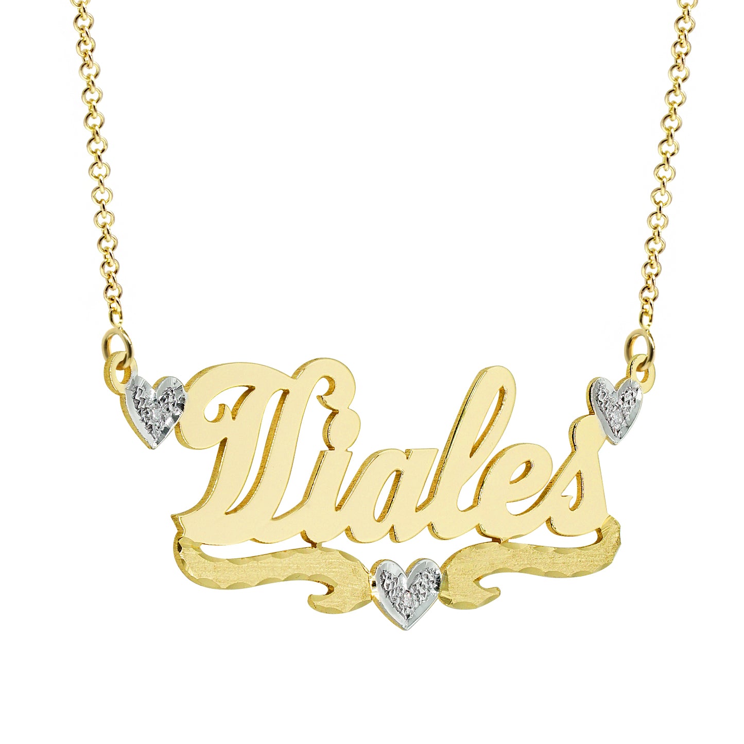 14K Gold Nameplate with Diamond Hearts with High Polish Names