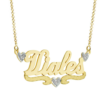 14K Gold Nameplate with Diamond Hearts with High Polish Names