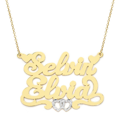 Personalized 2 Name Nameplate Necklace with Hearts in Solid 14K Gold