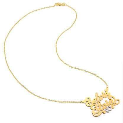 Personalized 2 Name Nameplate Necklace with Hearts in Solid 14K Gold