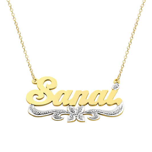 Custom 14K Solid Gold Name Plate with Accent Diamond | Floral Rhodium Sparkle