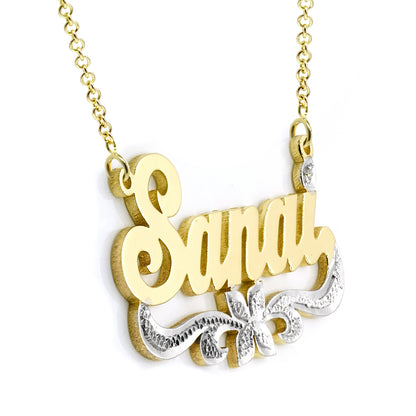 Custom 14K Solid Gold Name Plate with Accent Diamond | Floral Rhodium Sparkle