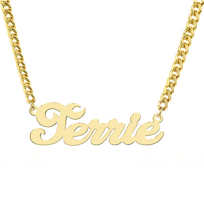 Personalized 14K Gold Script Text Nameplate Necklace with Curb Chain