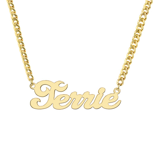 Personalized 14K Gold Script Text Nameplate Necklace with Curb Chain