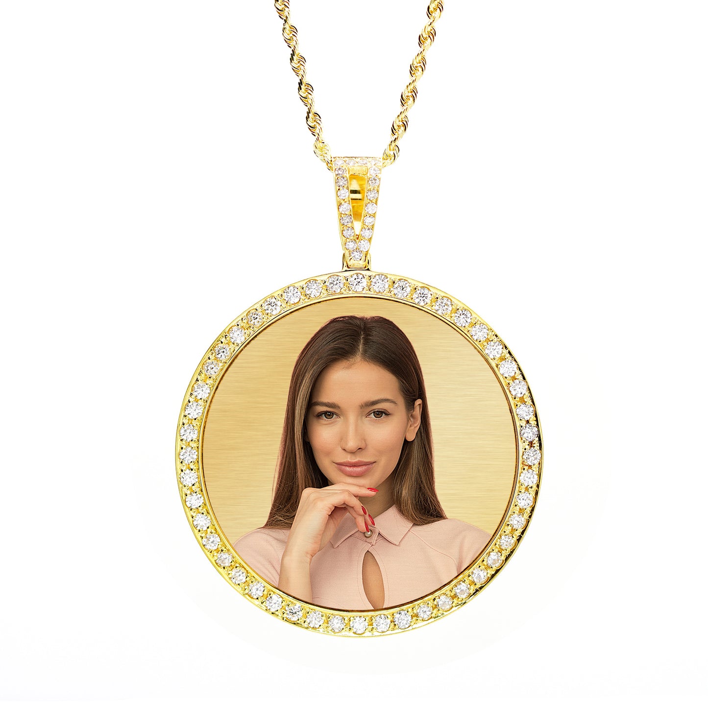 Customizable Photo Disc Pendant with Diamonds in 14K Gold | 1.75" Diameter