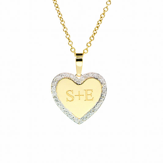 14K High Polish Heart with Diamond Halo and Custom Initials Engraved