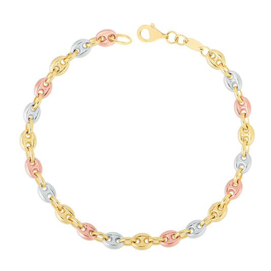 14K Tri-color Gold Puffed Mariner Link Chain Bracelet