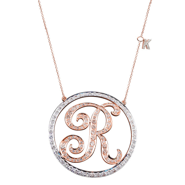 14K Gold and Diamond Monogram Halo Pendant with Secondary Letter on Chain