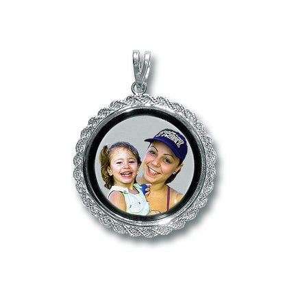 Round Picture Pendant - 14K Gold Disc Shape with Rope Chain Frame, Black Border, and HD Laser Printed Custom Jewelry with Your Pictures