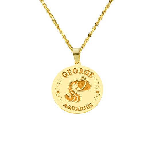 Zodiac Engraved Pendant with Customizable Name in High Polished 14K Gold | 0.75" Aquarius