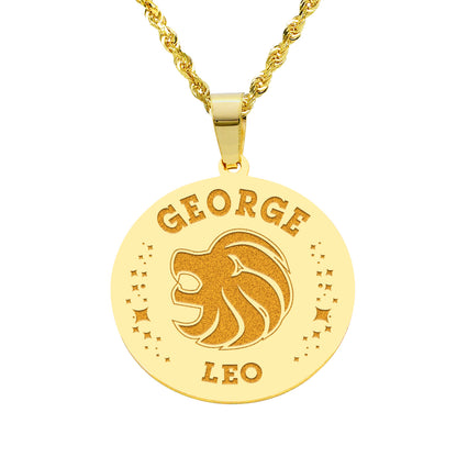 Zodiac Engraved Pendant with Customizable Name in High Polished 14K Gold | 0.75" Leo