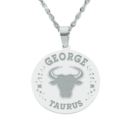 Zodiac Engraved Pendant with Customizable Name in High Polished 14K Gold | 0.75" Taurus