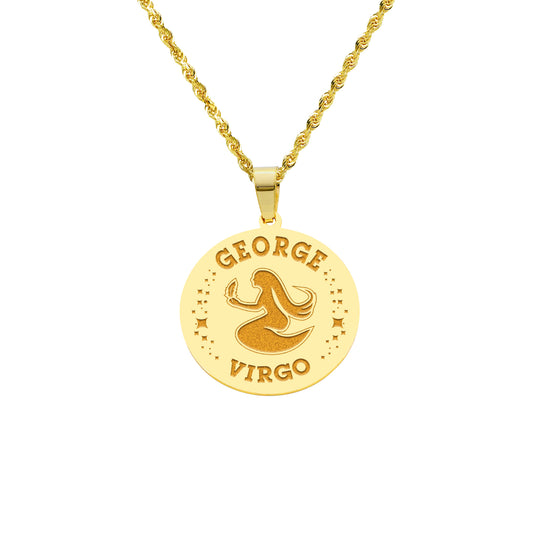 Zodiac Engraved Pendant with Customizable Name in High Polished 14K Gold | 0.75" Virgo