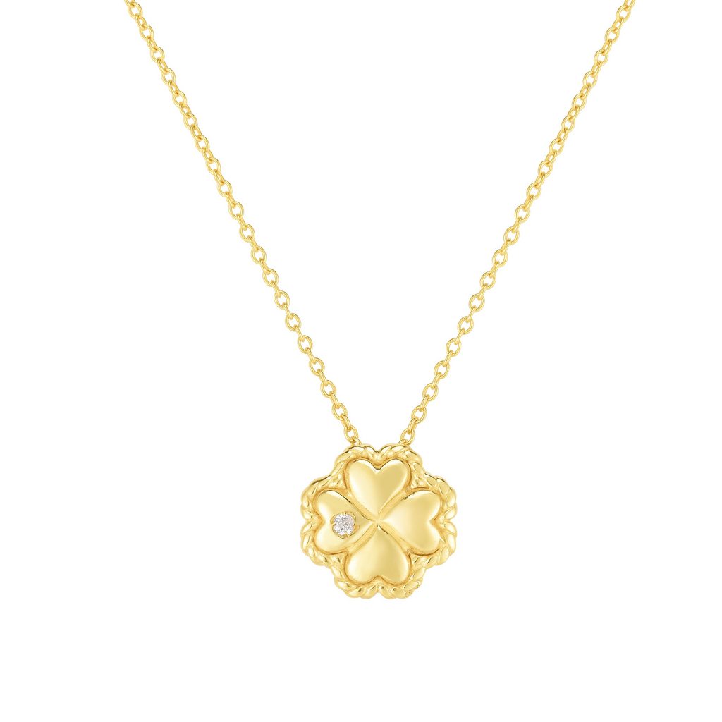 Polished 14K Gold and Diamond Clover Pendant Charm Necklace with Lobster Clasp