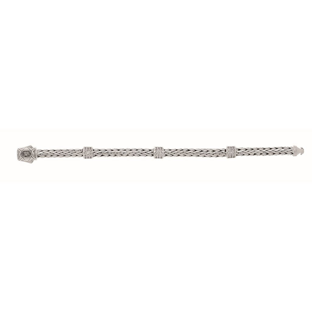 Sterling Silver Oval Weave Bracelet with 3-Stations of Precious Stones