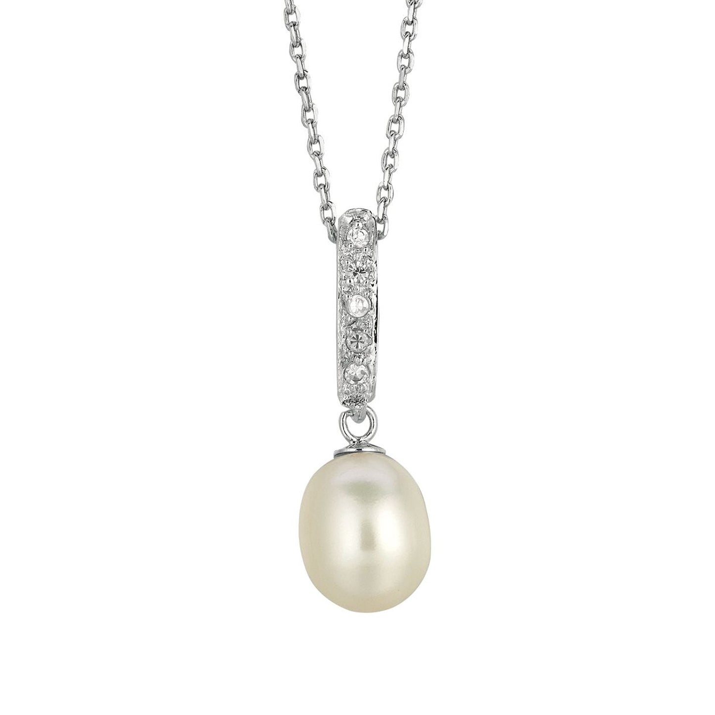 Sterling Silver Freshwater Pearl and CZ Drop Necklace