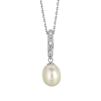 Sterling Silver Freshwater Pearl and CZ Drop Necklace