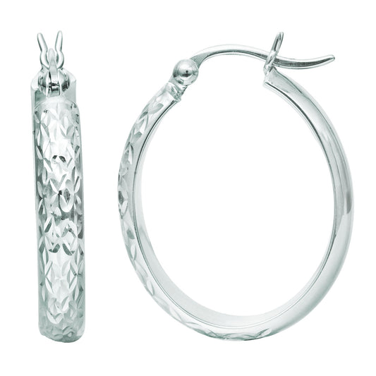 10K White Gold Oval Diamond Cut Hoop Earring