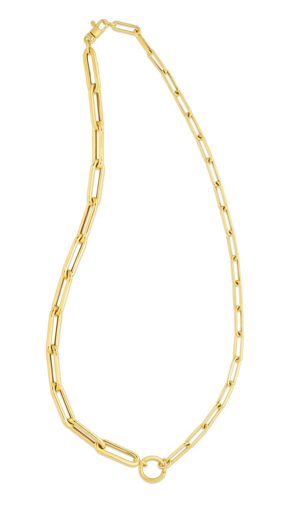 14K Gold Split Elongated Paperclip Link Necklace with Circle Element and Lobster Clasp