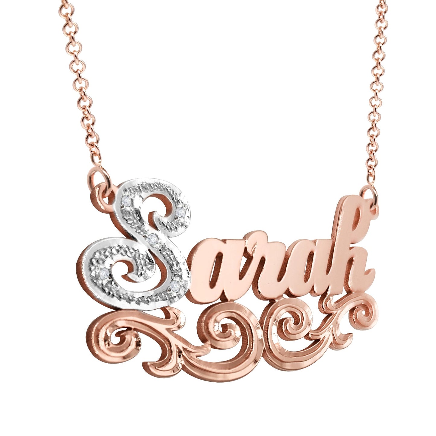 Nameplate Pendant with Diamonds and Fancy Filigree in Sterling Silver