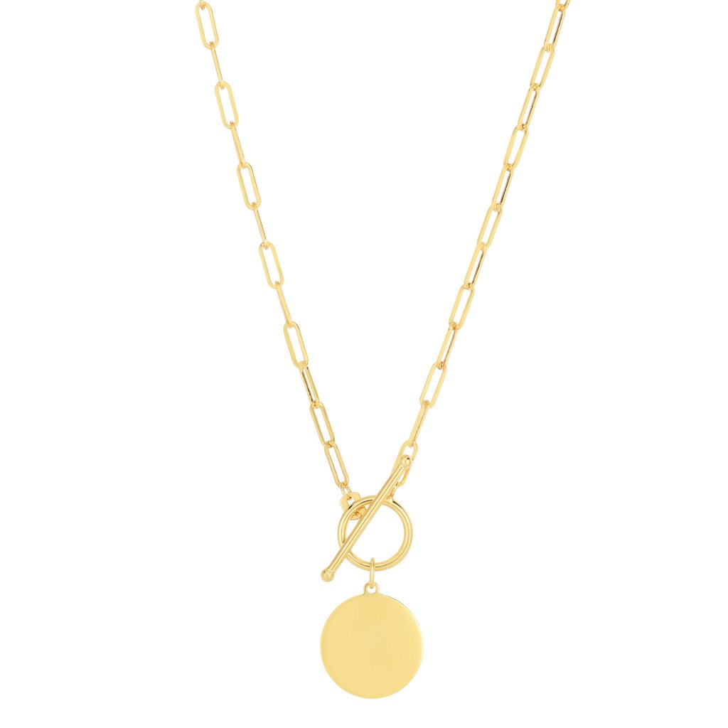 14K Gold Circle Disc Necklace with Paperclip Chain and Toggle Closure