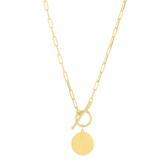 14K Gold Circle Disc Necklace with Paperclip Chain and Toggle Closure